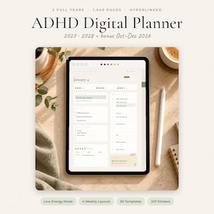 May include: A digital tablet displaying an ADHD Digital Planner for 2027 and 2028 with 1,049 pages. The screen shows a daily schedule for January 4, including task lists, habit trackers, and a note section. The interface features a neutral color palette.