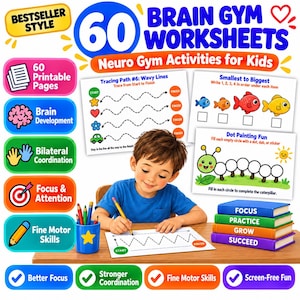 May include: A set of 60 printable brain gym worksheets for kids featuring neuro gym activities, tracing paths, size ordering, and dot painting. The collection includes educational exercises for focus, bilateral coordination, and fine motor skills development.