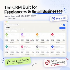 Può includere: Un'interfaccia digitale per un software CRM che mostra una dashboard di gestione clienti con schede per varie aziende, con testo che recita The CRM Built for Freelancers & Small Businesses, Easy to Use, Client & Task Tracking e Built-in Communication Log.