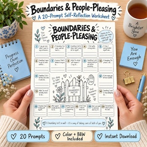 Può includere: Un foglio di lavoro per l'autoriflessione bianco intitolato Boundaries & People-Pleasing con 20 domande numerate, un'illustrazione centrale di una staccionata con il testo My Boundaries Matter e icone decorative di cuori e foglie in nero.