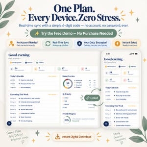 May include: A digital dashboard interface displayed on a tablet and smartphone, featuring the text One Plan. Every Device. Zero Stress. The screens show task lists, schedules, and status overviews with dark blue text on a light background, linked by a circular arrow icon.