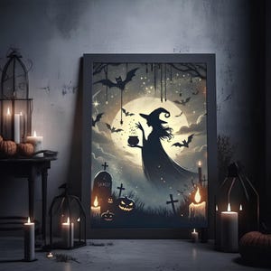 Halloween wall art, witch art print, gothic art style, spooky witch, Printable digital download