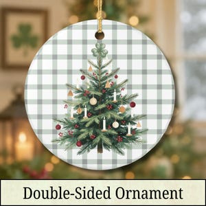Albero di Natale su sfondo a quadri verdi, ornamento natalizio in ceramica a doppia faccia, decorazione natalizia irlandese, regalo per le feste a quadri verdi