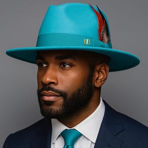 Puede incluir: Un sombrero fedora turquesa con un adorno de plumas e iniciales doradas. El sombrero se combina con una corbata turquesa y un traje azul marino. El traje tiene una camisa blanca con cuello debajo.