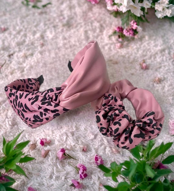 Four Piece Headband Bundle Preppy Plaid + Animal Print + Faux Leather + Shimmer Faux Leather Leopard Print Headband Scrunchie Set | Black  main image 3