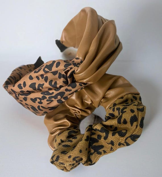 Faux Leather Leopard Print Headband Scrunchie Set | Black 