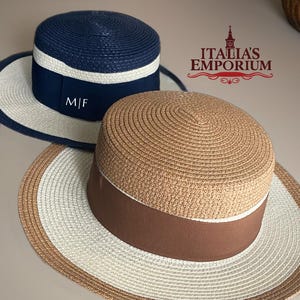 Straw Boater Hat with White Scarf Trim white-boater-shell-hat-  main image 2