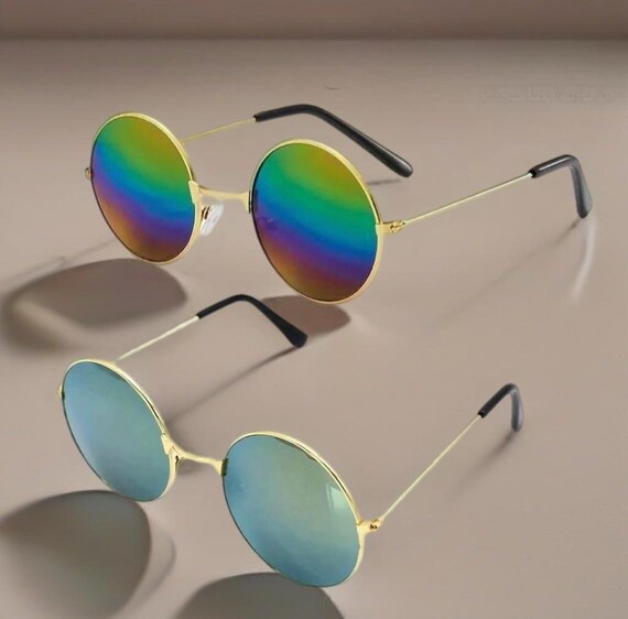 Round Sunglasses With Rainbow or Green Lens | Gold Frames 