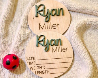 Letrero con nombre de bebé y estadísticas de nacimiento, anuncio de madera personalizado para guardería y hospital/revelación de recién nacidos