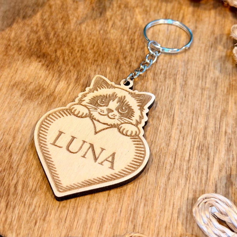 Customized Wood Cat Keychain With Pet Name, Engraved Kitty Pendant ...