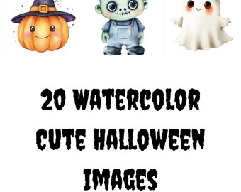 Cute Watercolor Halloween Characters and Images, PNG, 20 Watercolor Halloween Images, Cute Clipart, Watercolor Clipart