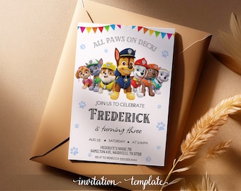 Printable Paw-ty Editable Invitation, puppies Birthday Invite boy girl, puppy party, Printed or Digital  paw kids Birthday Invite template