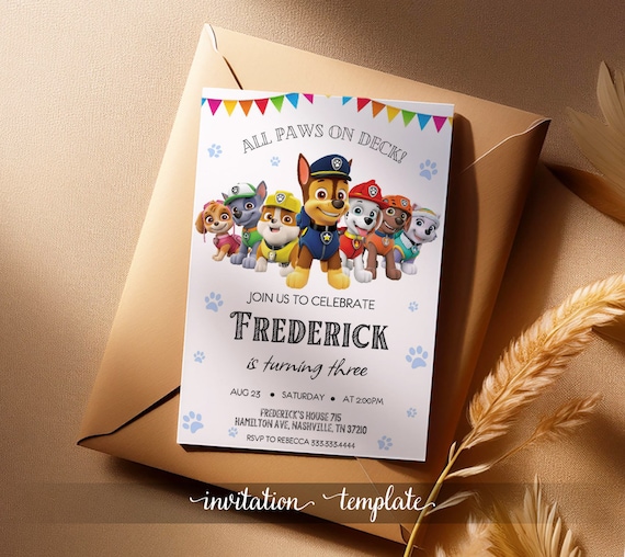 Printable Paw-ty Editable Invitation, puppies Birthday Invite boy girl, puppy party, Printed or Digital  paw kids Birthday Invite template