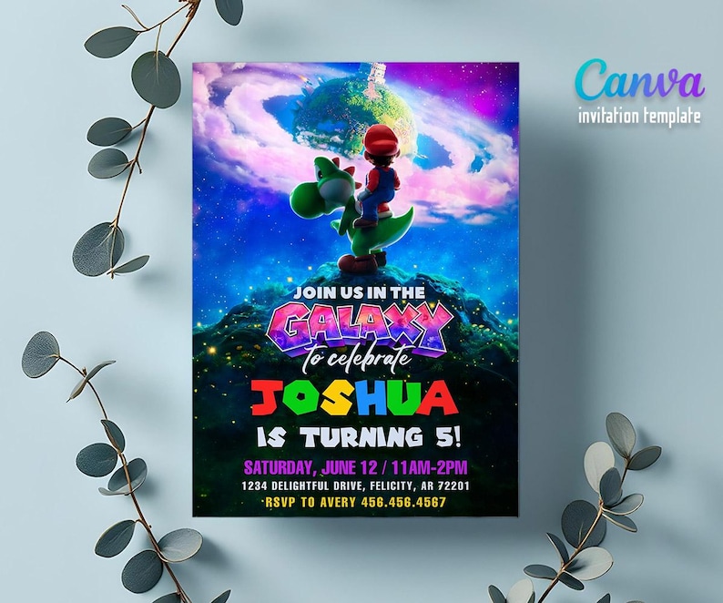 Invitación de cumpleaños de Super Mario Galaxy, fiesta de la película Mario 2, invitaciones de fiesta impresas imagen 2