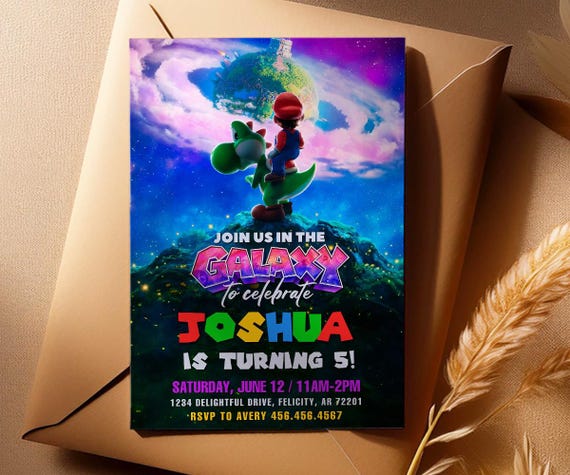 Super Mario galaxy birthday invitation, mario 2 movie party, printed party invitations