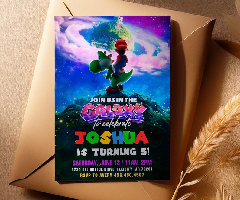Invitación de cumpleaños de Super Mario Galaxy, fiesta de la película Mario 2, invitaciones de fiesta impresas imagen 1