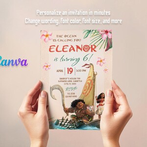 K&ouml;nnte beinhalten: Eine farbenfrohe Einladung zu einer 6. Geburtstagsfeier mit Moana-Thema. Die Einladung zeigt ein Cartoon-Bild von Moana und Maui, die auf einem Boot segeln. Der Text auf der Einladung lautet "Der Ozean ruft dich Eleanor wird 6! April 19 15:00 Uhr".