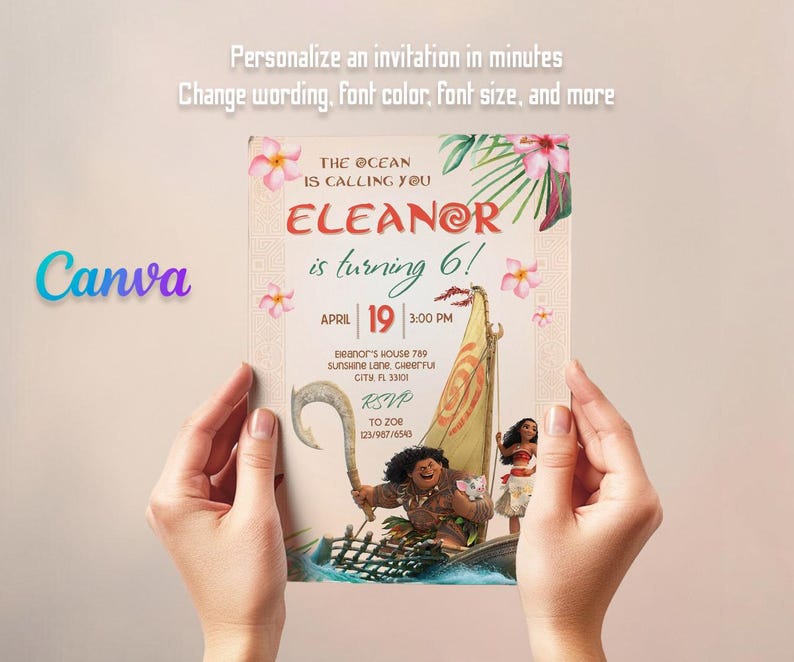 K&ouml;nnte beinhalten: Eine farbenfrohe Einladung zu einer 6. Geburtstagsfeier mit Moana-Thema. Die Einladung zeigt ein Cartoon-Bild von Moana und Maui, die auf einem Boot segeln. Der Text auf der Einladung lautet "Der Ozean ruft dich Eleanor wird 6! April 19 15:00 Uhr".