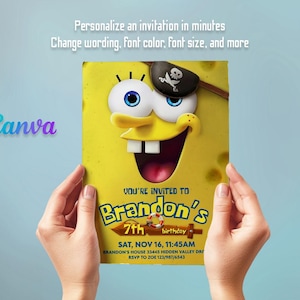 K&ouml;nnte beinhalten: Eine gelbe Einladung mit einer Cartoonfigur mit Augenklappe. Die Einladung lautet "You're Invited to Brandon's 7th Birthday" mit Datum und Uhrzeit. Das Canva-Logo ist sichtbar. Der Text "Personalisieren Sie eine Einladung in Minuten" ist ebenfalls sichtbar.
