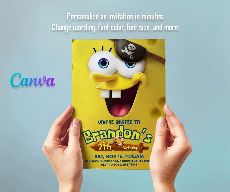 K&ouml;nnte beinhalten: Eine gelbe Einladung mit einer Cartoonfigur mit Augenklappe. Die Einladung lautet "You're Invited to Brandon's 7th Birthday" mit Datum und Uhrzeit. Das Canva-Logo ist sichtbar. Der Text "Personalisieren Sie eine Einladung in Minuten" ist ebenfalls sichtbar.