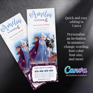 Druckbare Prinzessin Elsa Einladung, Frozen Anna Ticket Einladungsvorlage, Mädchen Geburtstag, Frozen Movie Party Einladung, editierbare Wintereinladung