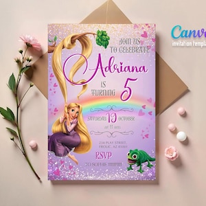 Convite de aniversário da princesa Rapunzel, modelo de convite editável para meninas, convite para impressão de castelo, festa real era uma vez, Rapunсel