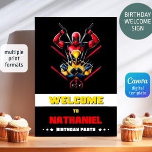 Deadpool and Wolverine birthday welcome sign, Deadpool welcome in, printable super hero poster, editable birthday invite template