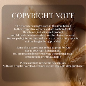 Puede incluir: Aviso de descarga digital con el texto "COPYRIGHT NOTE" en la parte superior. El texto explica que el art&iacute;culo no es un producto con licencia y que el comprador est&aacute; pagando por el tiempo y el servicio del creador, no por las im&aacute;genes. Tambi&eacute;n aconseja revisar la descripci&oacute;n y se&ntilde;ala que no hay reembolsos disponibles.