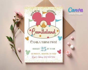 May include: A party invitation with a pink Mickey Mouse head design, the text "Camilaland", and the words "Camila Turns Two!" The invitation includes the date August 25th at 11 AM and contact information.