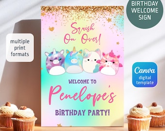 Squishy welcome in, Squish welcome sign, printable editable Squishmallow girl Party decoration template,Squishy party welcome template
