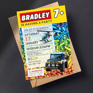 May include: A colorful invitation for Bradley's party, featuring a yellow background with the name "BRADLEY" in red and white. The invitation includes the text "IS HAVING A PARTY" and party details. A toy helicopter and a police truck are also featured.