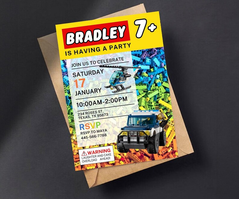 May include: A colorful invitation for Bradley's party, featuring a yellow background with the name "BRADLEY" in red and white. The invitation includes the text "IS HAVING A PARTY" and party details. A toy helicopter and a police truck are also featured.