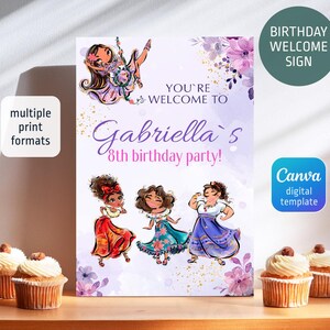 Encanto birthday welcome sign, Mirabel welcome in, printable Isabela poster, editable girl birthday invite template