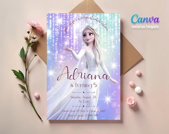 Frozen Birthday Invitation, Printed or Digital Princess Party Invite, Editable Canva Template, winter Princess Evite