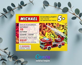 Building blocks invitation, bricks invite, printable editable invitation template, construction fire truck invite template, 1st 2nd 3rd bday