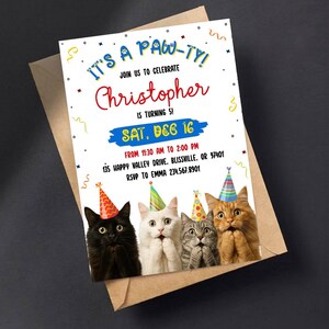 May include: A birthday party invitation with the text "IT'S A PAW-TY!" and "Christopher is turning 5!" features four cats wearing party hats. The invitation includes the date, time, and location details, with a brown envelope in the background.