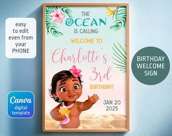 Moana welcome sign template, printable birthday party Hawaii Luau welcome in poster, girl birthday, Te Fiti b-day decoration template