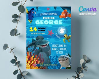 May include: A rectangular birthday invitation template with a blue underwater theme featuring cartoon fish characters, coral, and rocks. Text includes "Just Keep Swimming," "Finding George," "14 Saturday October," "5 is turning," and address details.