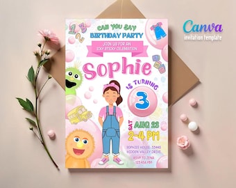 Printable Ms Rachel Birthday Invitation, editable first words invite, let's say party, first words invite template, 2nd second 3rd third