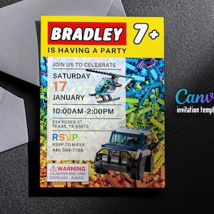 May include: A colorful invitation template with the name "Bradley" and the text "Is Having a Party." The invitation includes a helicopter and a truck graphic, with the date, time, and RSVP information. The Canva invitation template has a warning about laughter and cake overload.