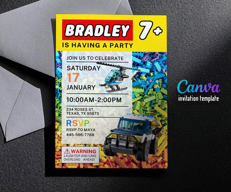 May include: A colorful invitation template with the name "Bradley" and the text "Is Having a Party." The invitation includes a helicopter and a truck graphic, with the date, time, and RSVP information. The Canva invitation template has a warning about laughter and cake overload.