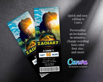 Jurassic rebirth movie Dinosaur Printable birthday invitation, birthday ticket invite, park invitation, world invitation, T-Rex party invite
