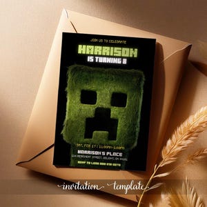 Druckbare editierbare Einladung, Videospiel-Party, Gamer-Geburtstagseinladung, Crafter Kinokarte, Mine Thema Mädchen Jungen Geburtstag, digitale Vorlage