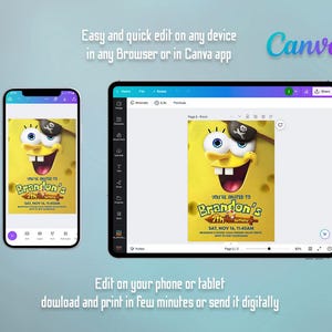 K&ouml;nnte beinhalten: Eine digitale Einladung mit einer gelben Cartoon-Figur mit Piraten-Augenklappe, die auf einem Smartphone und Tablet angezeigt wird. Die Einladung lautet "You're Invited to Brandon's 7th Birthday." Der Text auf dem Bild lautet "Easy and quick edit on any device in any Browser or in Canva app."