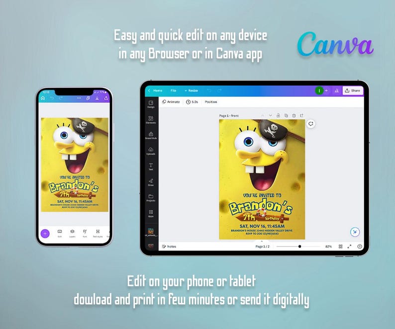 K&ouml;nnte beinhalten: Eine digitale Einladung mit einer gelben Cartoon-Figur mit Piraten-Augenklappe, die auf einem Smartphone und Tablet angezeigt wird. Die Einladung lautet "You're Invited to Brandon's 7th Birthday." Der Text auf dem Bild lautet "Easy and quick edit on any device in any Browser or in Canva app."