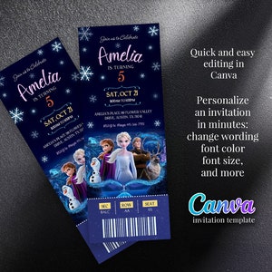 Druckbare Prinzessin Elsa Einladung, Frozen Anna Ticket Einladungsvorlage, Mädchen Geburtstag, Frozen Movie Party Einladung, editierbare Wintereinladung