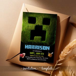 Druckbare editierbare Einladung, Videospiel-Party, Gamer-Geburtstagseinladung, Crafter Kinokarte, Mine Thema Mädchen Jungen Geburtstag, digitale Vorlage