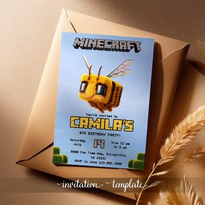 Druckbare editierbare Einladung, Videospiel-Party, Gamer-Geburtstagseinladung, Crafter Kinokarte, Mine Thema Mädchen Jungen Geburtstag, digitale Vorlage