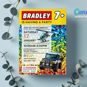 May include: A colorful invitation template with a Lego theme. The invitation features the name "Bradley" and the text "IS HAVING A PARTY". It includes details for a party on January 17th, with a helicopter and a truck graphic.