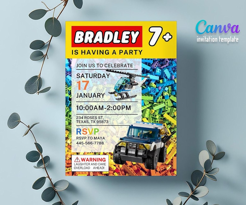 May include: A colorful invitation template with a Lego theme. The invitation features the name "Bradley" and the text "IS HAVING A PARTY". It includes details for a party on January 17th, with a helicopter and a truck graphic.